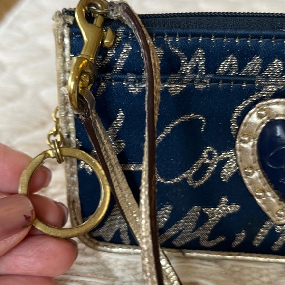 Coach Navy and Metallic Silver Heart Wristlet